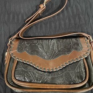 Stylish Brown and Black Tooled Leather Shoulder Bag by Mark Chantal